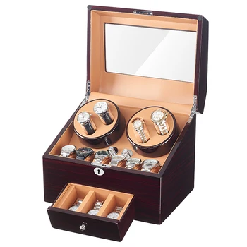 

JQUEEN Automatic Watch Winder Display Box 4+9 Storages Ebony Baking Finish Brown PU Leather Interior