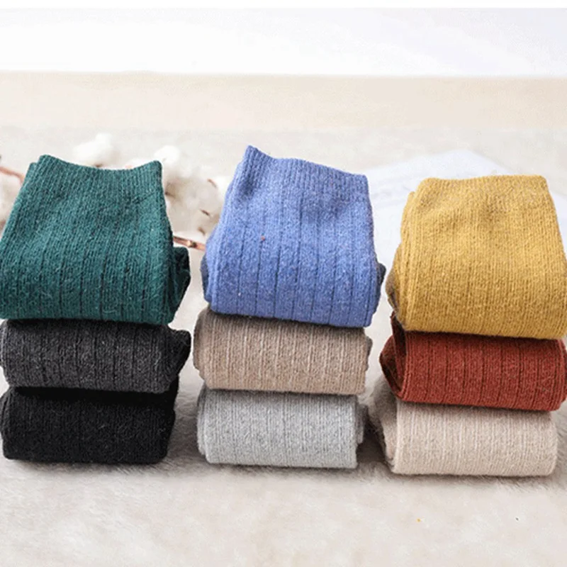 5 Pairs Autumn And Winter New Thickened Medium Tube Woolen Socks For Women Warm Pure Color Socks