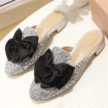 

Big Shallow Bow Bling Slippers Round Toe Sandals Summer Sweet Slip On Flats Elegant Ladies Shoes Flip Flops Single Shoes 2019