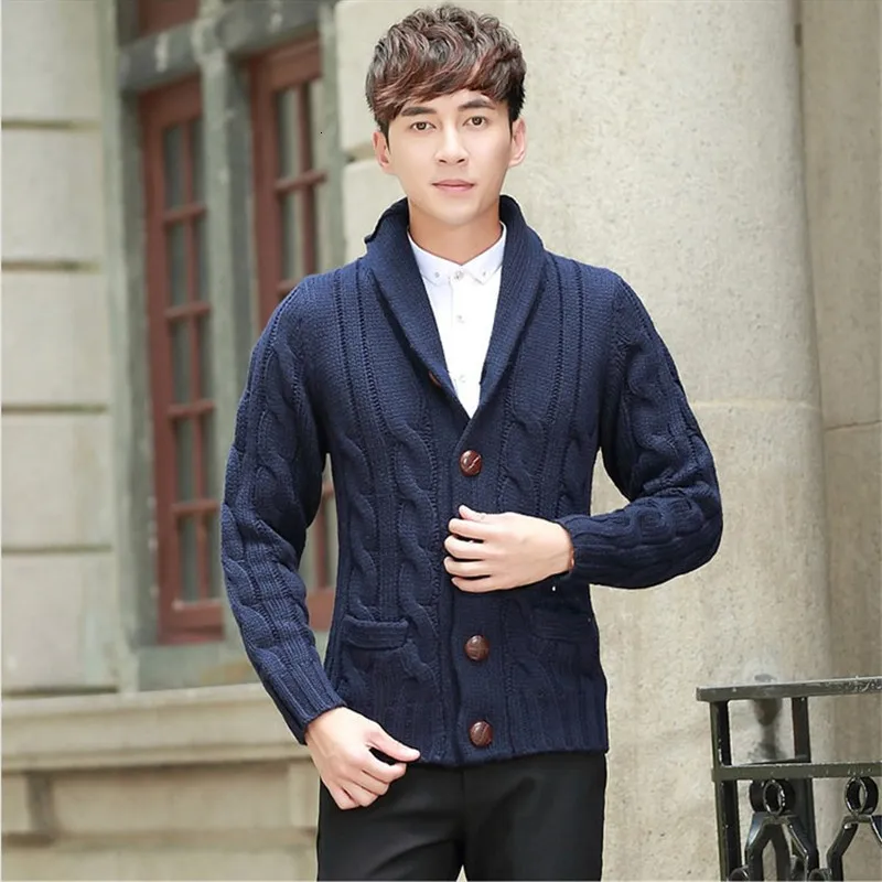 

New Spring Mens Thick Warm Cardigan Sweater Fashion Solid Lapel Collar Knitted Coat Loose Casual Male Single Breasted Cardigan
