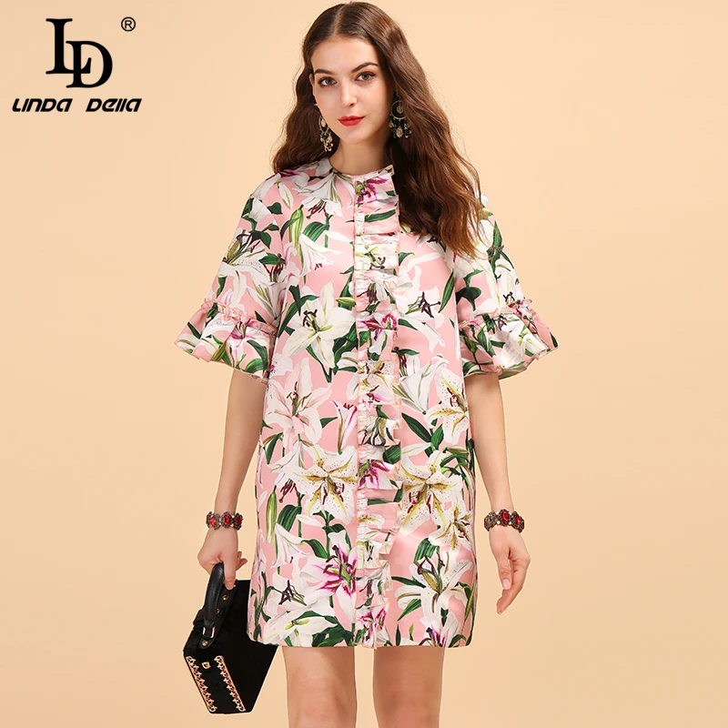 

LD LINDA DELLA Fashion Runway Autumn Loose Mini Dress Women's Flare Sleeve Lily Floral Printed Ruffled Elegant Casual Dresses