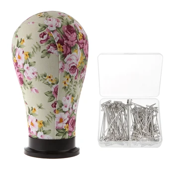 

21” Cork Canvas Block Mannequin Model Head Wig Making Hat Caps Display Stand with Mount Hole and 150pcs T Shaped Needle Pins Set