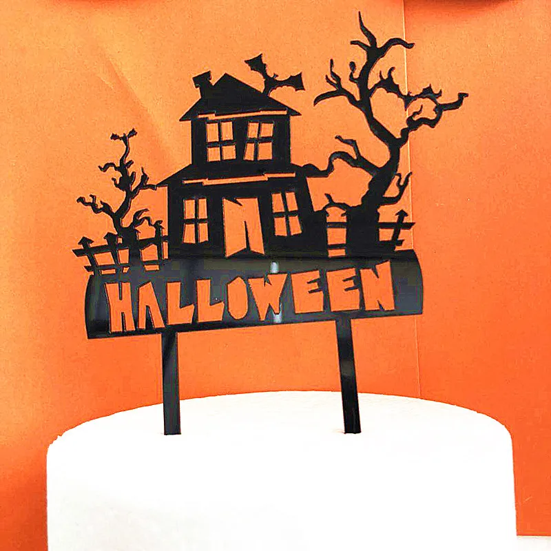 

Happy Halloween Acrylic Cake Topper Black Haunted House Flying Bat Ghost Tooth Cake Topper For Halloween Party Cake Decorations