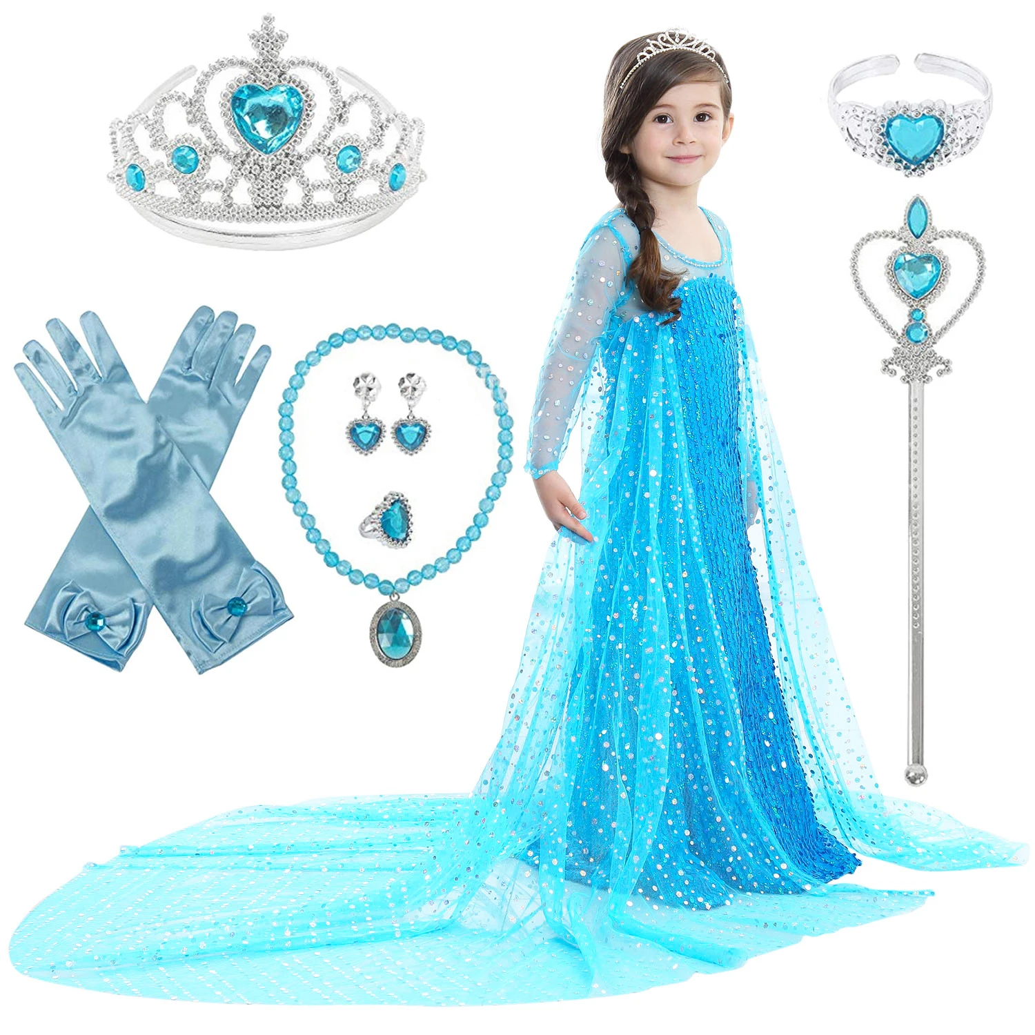 

2020 Elsa Dresses for Girls Princess Elsa Costumes Party Cosplay Elza Vestidos Magic Wand Accessories Set Children Girls Dress