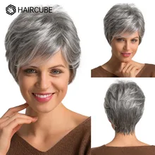 

HAIRCUBE Mixed Grey Silver Pixie Cut Wigs Short Puffy Layered Human Hair Blend Synthetic Wig with Bangs Natural Heat Resistant
