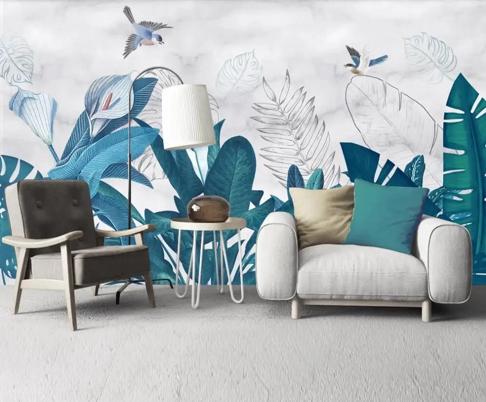 Custom 3D mural wallpaper Nordic minimalist hand-painted tropical plants background wall decorative painting