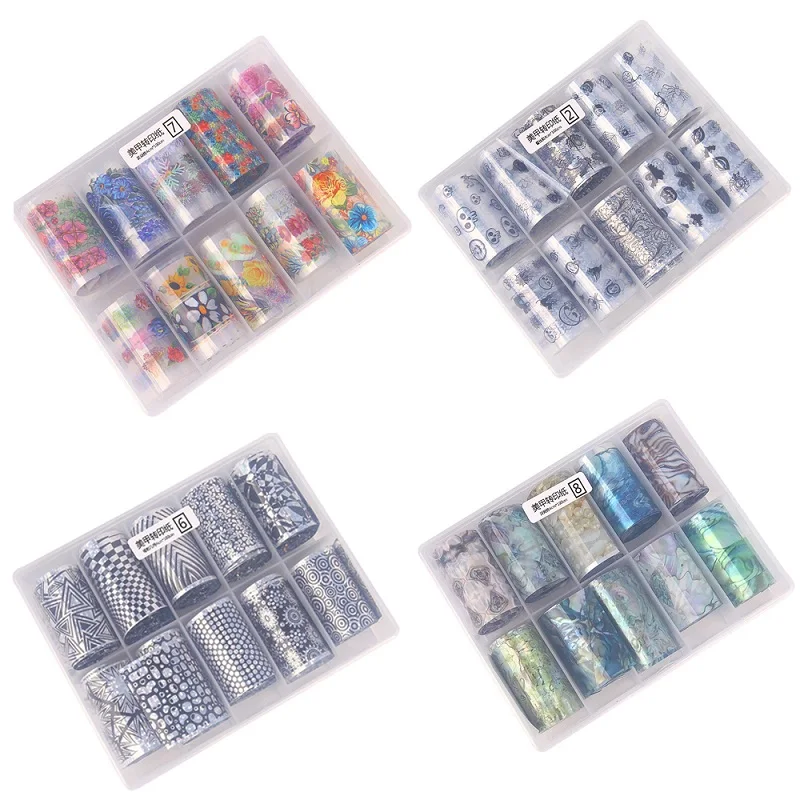 

10 Rolls/Box Holographic Nail Foils Transfer Decals Star Flowers Halloween Shimmer Nail Art Stickers Nail Tips DIY Decorations
