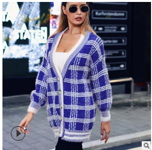 blue QUEVOON, женские кардиганы, Alaid, на пуговицах, v-образный вырез, вязаные свитера, для девушек, Осень-зима, Shaggy Kardigan, большой размер, Повседневные свитера - Цвет: blue