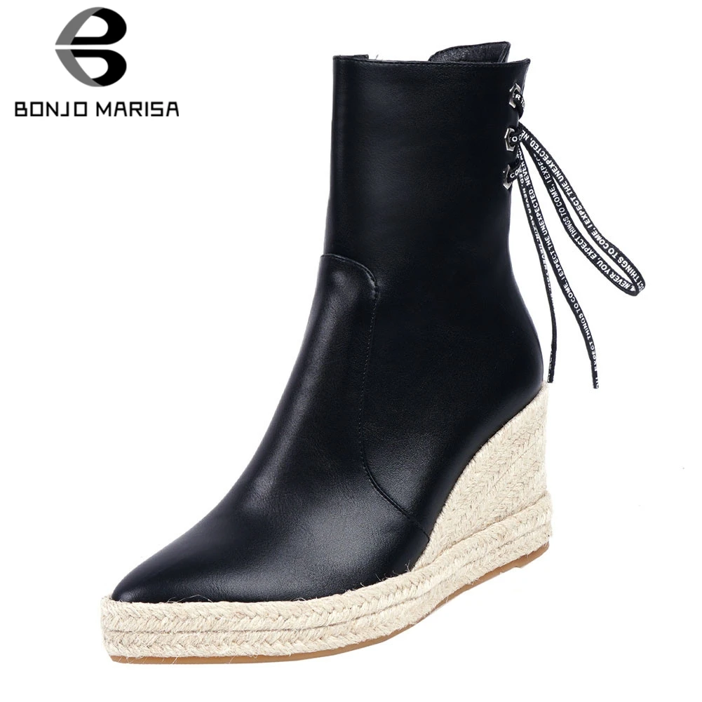

BONJOMARISA Brand 32-44 Straw Platform Booties Ladies Fashion Pointed Toe Ankle Boots Women 2019 Wedges Shoes Woman