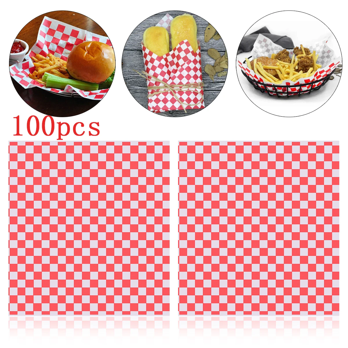 100 Sheets Quality Gingham Duplex Greaseproof Paper Food Wrap Liners Chip Basket 