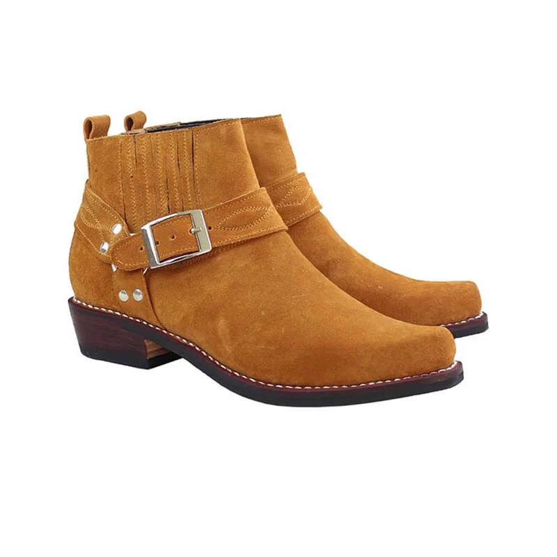 Western Cowboy Boots Men Cow Genuine Leather Brown Yellow Suede