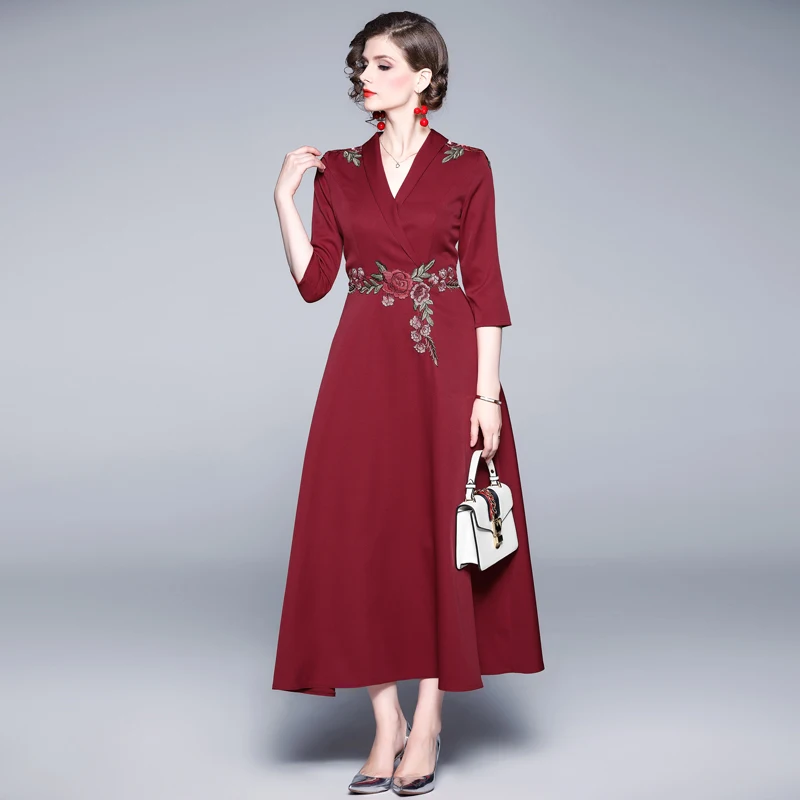 Новое Красное Платье макси с цветочной вышивкой Zomerjurk Dames Подиумные Длинные вечерние платья с v-образным вырезом Robe Longue Femme ropa mujer K3615