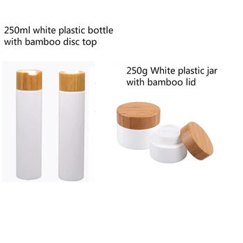 

Natural 250ml white portable shampoo/Shower Gel plastic bottle with bamboo disc cap 250g white skin care cream jar with wood cap