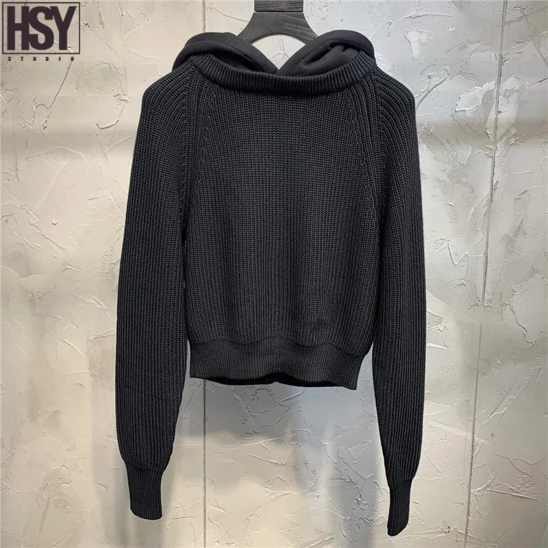 【HSY】2019 New Street-wear Fashion Trend Women Top Casual Easy Match Faded Two Piece Pullover Hooded Sweater Black/Grey |