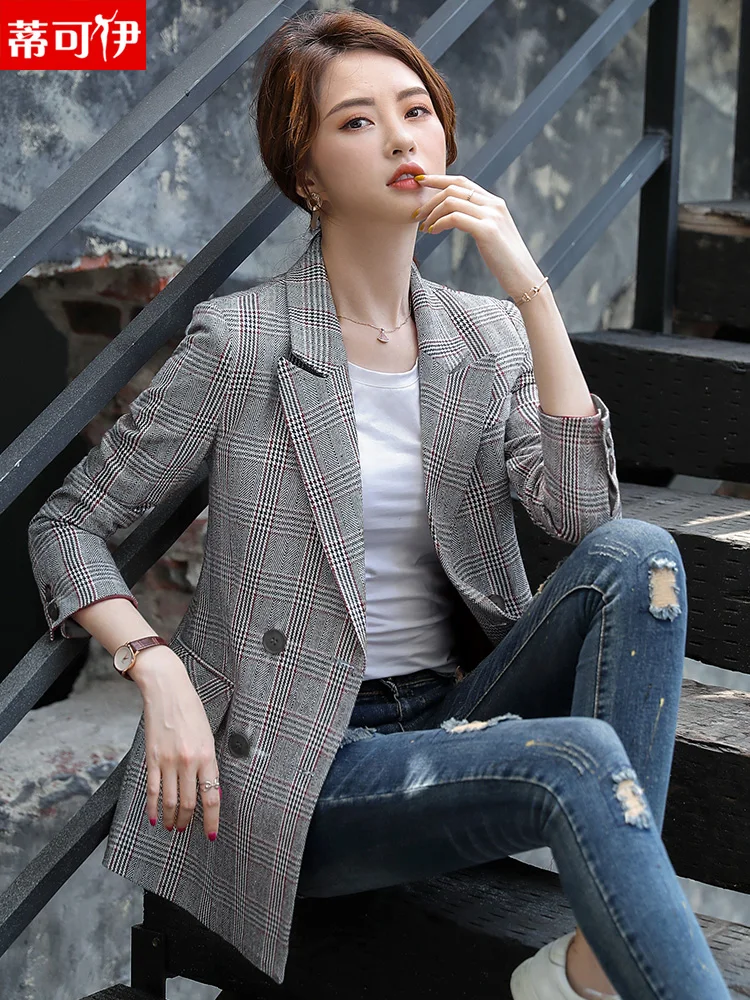 Plaid Vintage Ladies Blazer Blue Loose Simple Stylish Casual Suit Jacket Korean Spring Autumn Women Blazer Large Size MM60NXZ