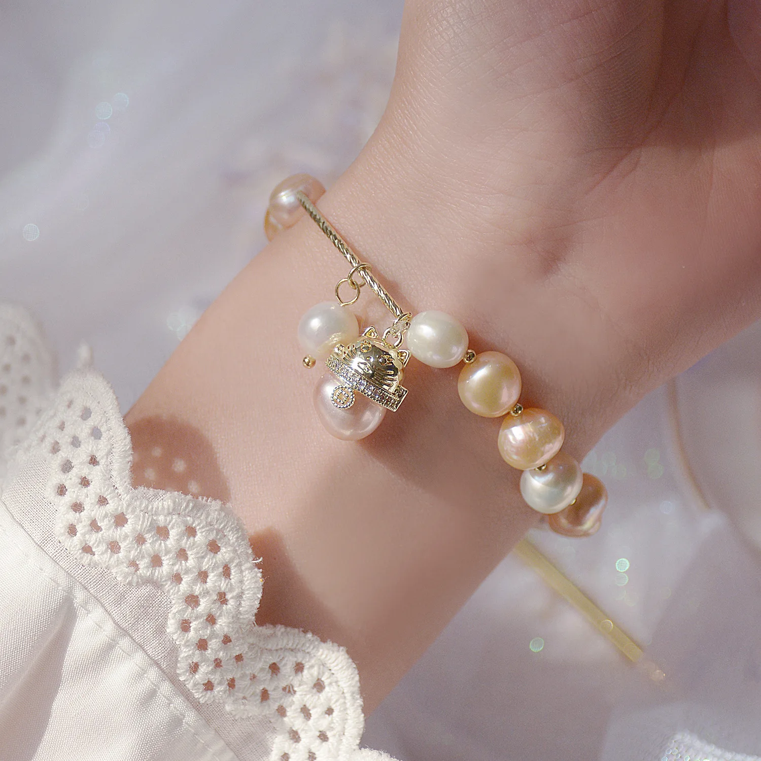 Ins Hot Sale Natural Freshwater Champagne Pearl Micro-inlaid Zircon Fairy Temperament Bracelet Exquisite for Women Gift | Украшения и