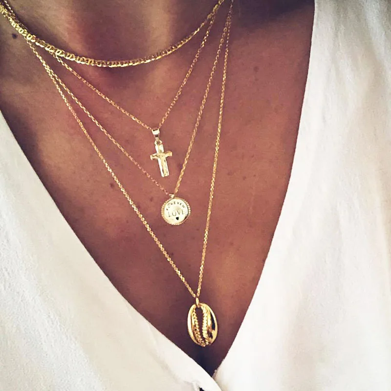 

Vintage Multilayer Metal Sea Shell Cross Letter Love Coin Pendant Necklaces for Women Bohemian Beach Jewelry Necklace YN1033