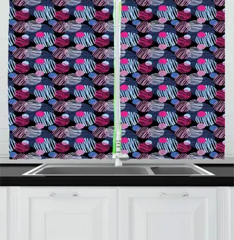 

Charcoal Grey Multicolor Modern Kitchen Curtains Graffiti Style Abstract Geometrical Rounds Blue Pink Colors Window Drapes