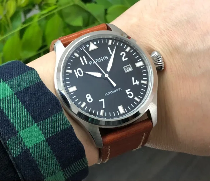 

Sapphire crystal or mineral glass 47mm PARNIS Black dial Automatic Self-Wind movement Auto Date men watches luminous pa163-p8