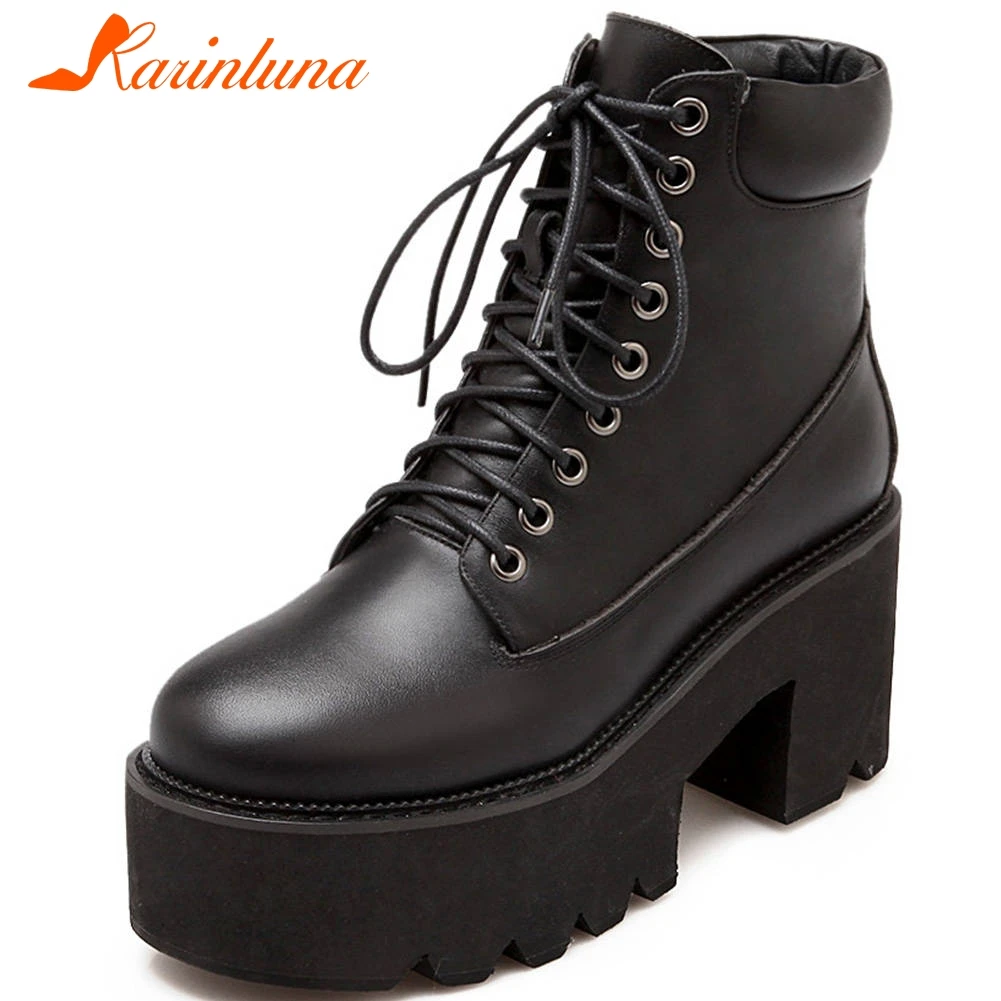 

Karinluna brand design 2019 genuine leather platform ankle Boots Woman Shoes fashion square high heels Women Boots female shoes