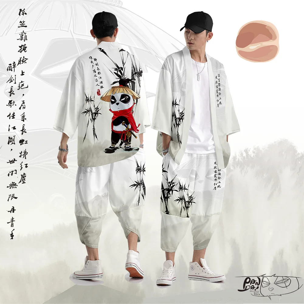 

Samurai Panda Print Kimono Cardigan Men Japanese Traditional Casual Loose Thin Set of Coat and Pants Asian Clothes Harajuku