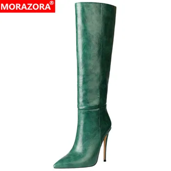 

MORAZORA 2020 new arrive knee high boots women pointed toe pu fashion thin high heel party shoes ladies autumn winter boots