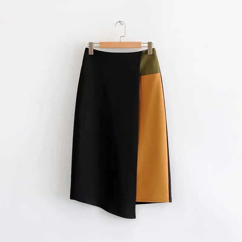

K541. 2-Korean-style WOMEN'S Wear Autumn And Winter New Style Mid-length High-waisted Irregular Contrast Color Joint Skirt