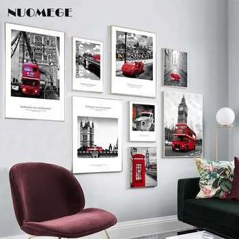 

Black and White Landscape Canvas Painting Red Bus Wall Art Prints Nordic Style Paintings Decoration Picture for Living Room