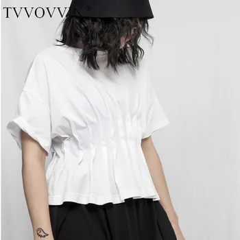 

loose Women Black Pleated Split Joint Temperament T-shirt Round Neck Short Sleeve Fashion Tide Spring Summer 2020 RA9B