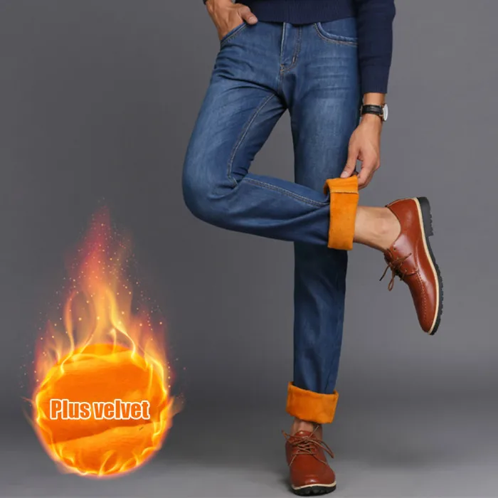 Мужские зимние термо джинсовые штаны прямые плюшевые мягкие теплые тонкие джинсовые брюки JL