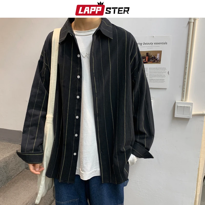 

Mens Striped Korean Black Shirt Long Sleeve 2020 Mens Harajuku Oversized Shirts Couple Streetwear Black Shirt Button Up