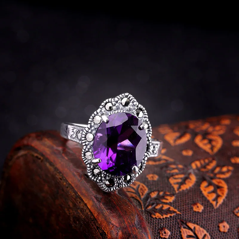 

quality silver products direct sale new product of Taiyin Sterling Silver 925 pure silver open mouth lady Natural Amethyst Ring