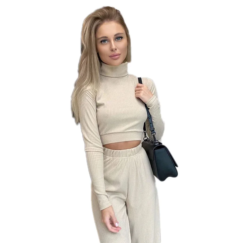 

2 Pieces Set Women Knitted Tracksuit Turtleneck Solid Color Sexy Sweater + Wide Leg Pants Pullover Crop Tops Outwear