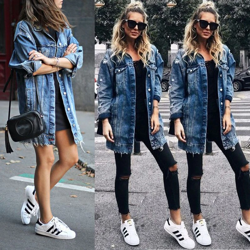 Women's Basic Coat Holes Baggy Denim Jacket Long Sleeve Loose Street Style Outwear Winter NEW