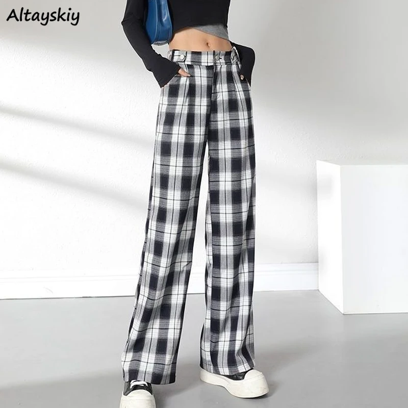 Pantalones Retro a cuadros para mujer, ropa de calle combina con todo, negro, blanco, botones de moda, Chic, holgado, Simple|Pantalones y capri| - AliExpress