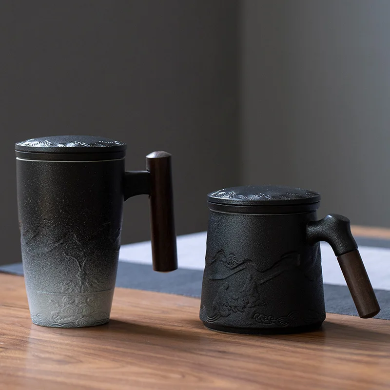 

Japanese ceramic filter tea cup with cover retro coffee handmade ceramic mug household Mug office water cup business gift set