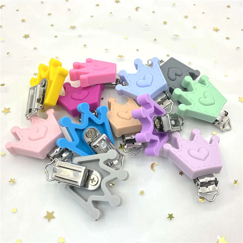 Pacifier Clip 3Pcs Silicone Crown Pacifier Clips Food Grade Silicone DIY Baby Teether Necklace Bead Soother Chew Toy Dummy Clips