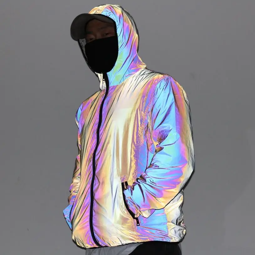 Men Reflective Hooded Jacket Casual Night Colorful Windbreaker Man Hip-hop  Coats