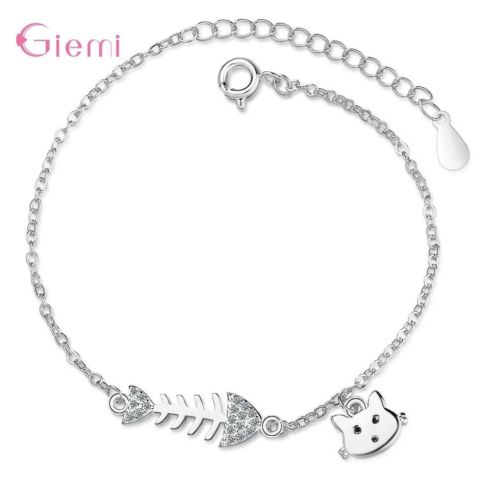 925 пробы, серебряный браслет, простой дизайн, кошка, рыба, очаровательные Милые Браслеты для женщин и девушек, браслеты, свадебные, вечерние