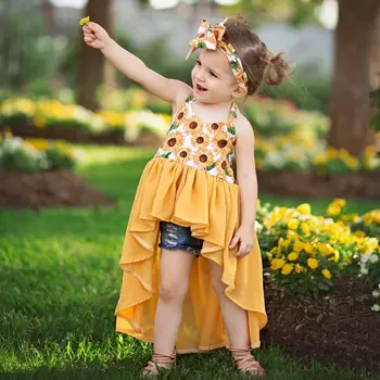 

Kids Girls Summer Fashion 2-piece Outfit Set Halter Sunflower Print Dress and Headband Set