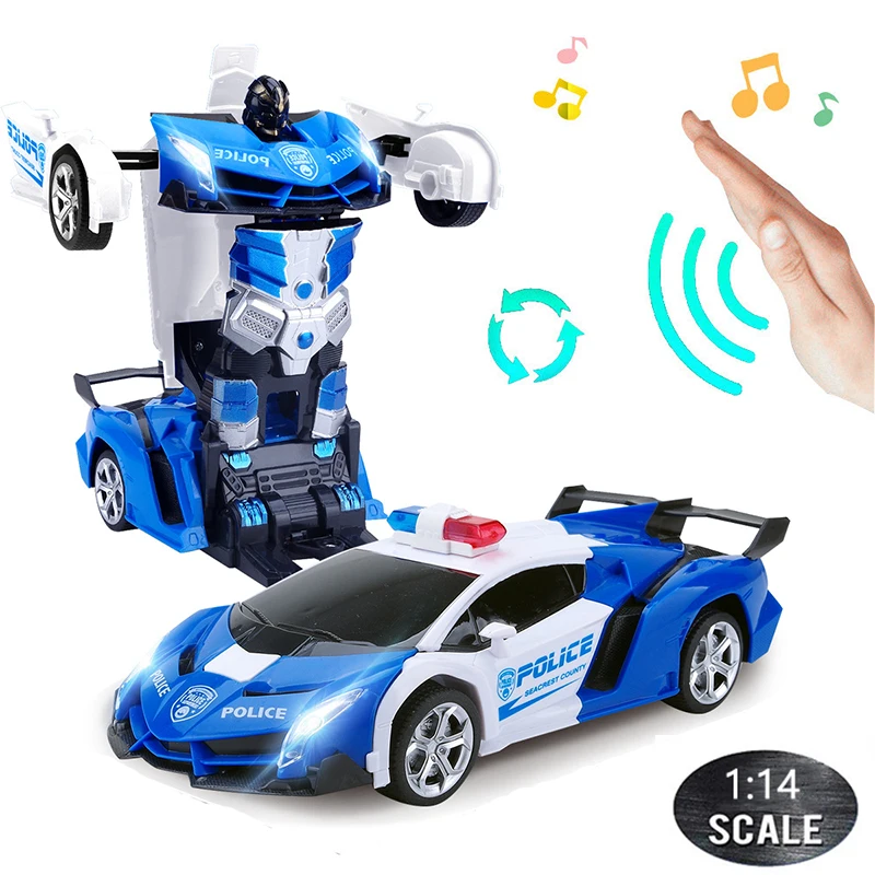 1:14 RC Cars 30CM 2.4Ghz Induction Transformation Robot LED Music Deformation Gesture Remote Control Police Car Toy for Kids B02