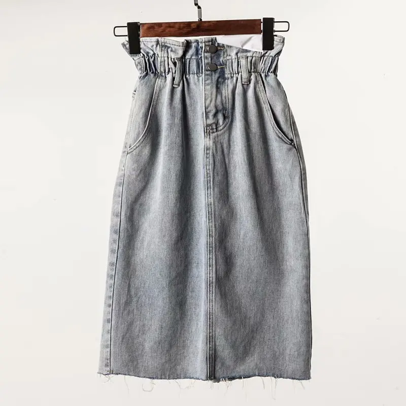 

B8200-Korean-style WOMEN'S Wear 19 Summer New Style High-waisted Elastic Waist Bud Two-Button Flash Cowboy Skirt
