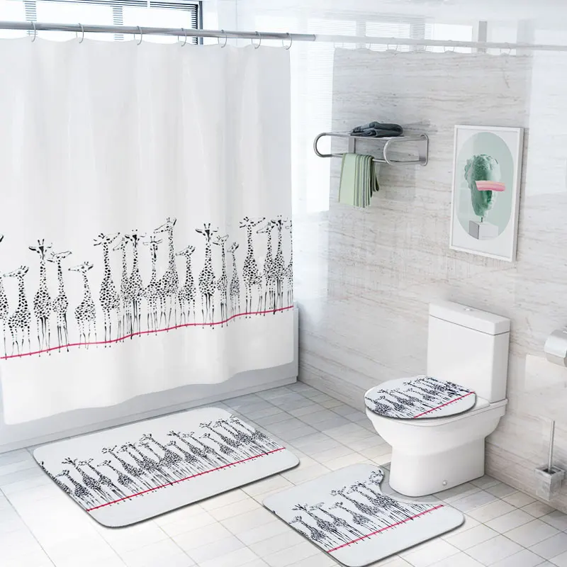 Водонепроницаемый полиэстер животных Жираф белые шторы с крючками для ванной душ занавески комплект Нескользящие ковры Ванна шторки коврик - Цвет: 4 PCS