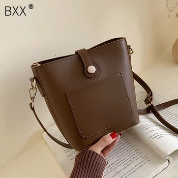 

[BXX] Solid Color PU Leather Crossbody Bucket Bags For Women 2020 Winter All-match Shoulder Messenger Bag Female Handbags HJ868