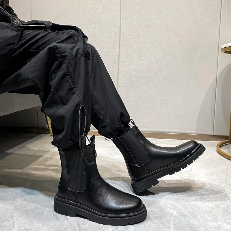 

Korean style handsome chelsea boots men's casual original leather shoes stage nightclub motorcycle boot platform ankle botas man