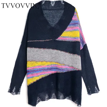 

TVVOVVIN 2019 Autumn V neck pullovers Mohair Holes Striped Sweater Woman loose plus size casual Vintage multicolor women L159