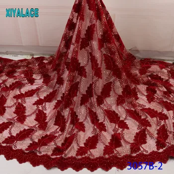 

African lace fabric 2019 High Quality Beaded Nigerian Lace Fabric Embroidery French Tulle Lace with Stones for Bridal YA3057B-2