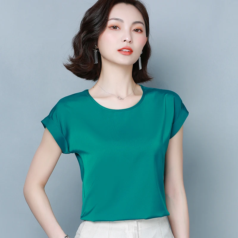

Korean Heavy Silk Blouses Women Solid Satin Blouse Tops Summer Woman Short Sleeve Blouse Top Plus Size Blusas Mujer De Moda 2020