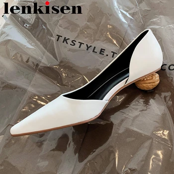 

Lenkisen solid genuine leather fashion shoes women small square toe strange med heel side air simple style office lady pumps L69