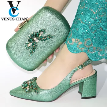 

Green Color Hot Selling Italian New Design Ladies Matching Shoe and Bag African Women Shoes and Bags Set for Party with Crystal